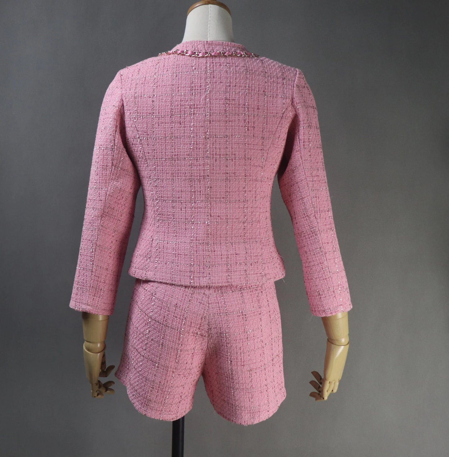 Luxuries Ladies Hand Made Custom Made Chain Decoration Pink Tweed Blazer(10% discount) "More Than 10% Additional Discount when you buy both Jacket +Skirt or Jacket + Shorts" UK CUSTOMER SERVICE! Women Custom Blue Hand Made Custom Made Pearl Ruffle Trim Tweed Blazer + Skirt / Shorts Suit (more than 10% discount) -Make an impression with a timeless tweed suit, whether for a wedding, the Office interview, graduation, Inauguration or a new job.