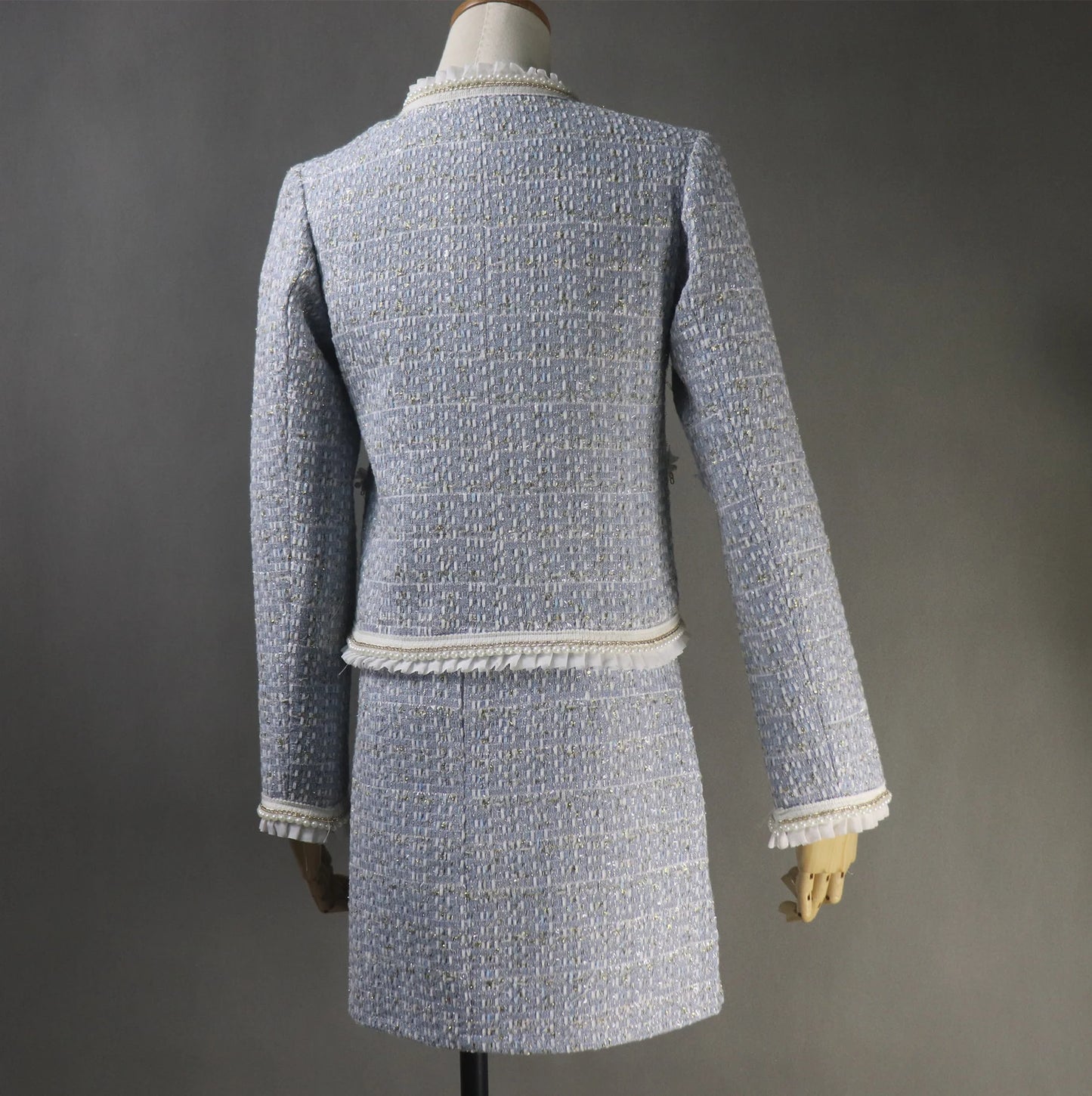 Ladies Blue Hand Made Custom Made Pearl Ruffle Trim Tweed Blazer + Skirt / Shorts Suit (10% discount) "More Than 10% Additional Discount when you buy both Jacket +Skirt or Jacket + Shorts" UK CUSTOMER SERVICE! Women Custom Blue Hand Made Custom Made Pearl Ruffle Trim Tweed Blazer + Skirt / Shorts Suit (more than 10% discount) - It is critical that you know your waist ,hip and bust measurements; please do not guess your size based on other clothes you wear.