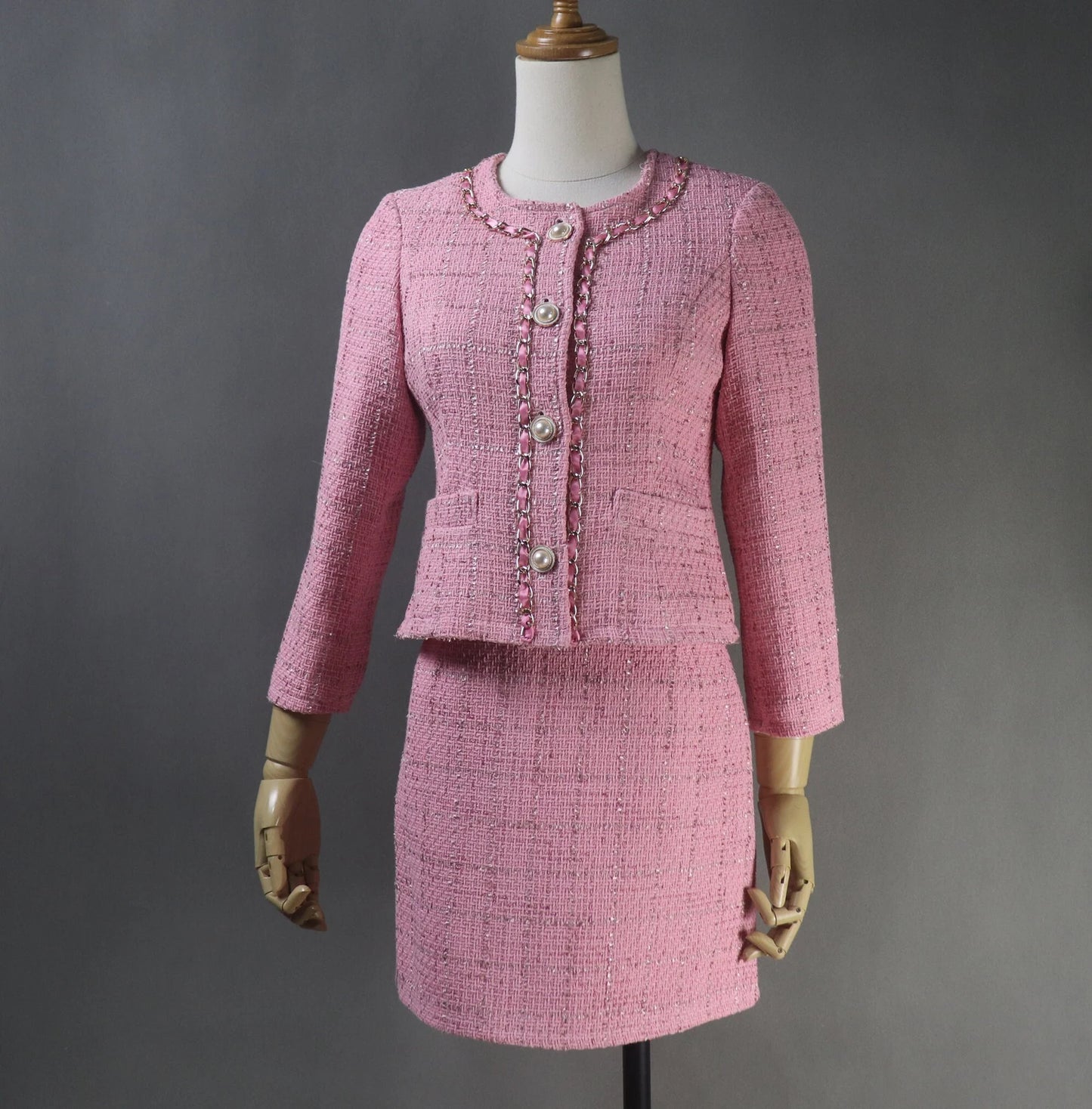 Luxuries Ladies Hand Made Custom Made Chain Decoration Pink Tweed Blazer(10% discount) "More Than 10% Additional Discount when you buy both Jacket +Skirt or Jacket + Shorts" UK CUSTOMER SERVICE! Women Custom Blue Hand Made Custom Made Pearl Ruffle Trim Tweed Blazer + Skirt / Shorts Suit (more than 10% discount) -Make an impression with a timeless tweed suit, whether for a wedding, the Office interview, graduation, Inauguration or a new job.