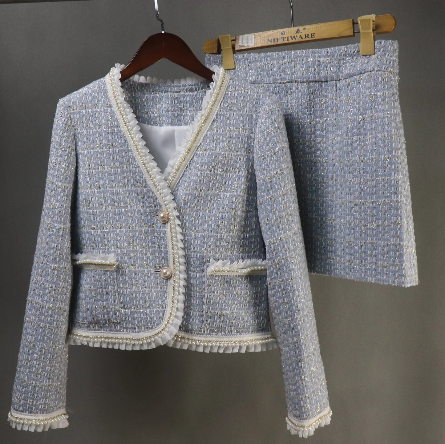 Ladies Blue Hand Made Custom Made Pearl Ruffle Trim Tweed Blazer + Skirt / Shorts Suit (10% discount) "More Than 10% Additional Discount when you buy both Jacket +Skirt or Jacket + Shorts" UK CUSTOMER SERVICE! Women Custom Blue Hand Made Custom Made Pearl Ruffle Trim Tweed Blazer + Skirt / Shorts Suit (more than 10% discount) - It is critical that you know your waist ,hip and bust measurements; please do not guess your size based on other clothes you wear.