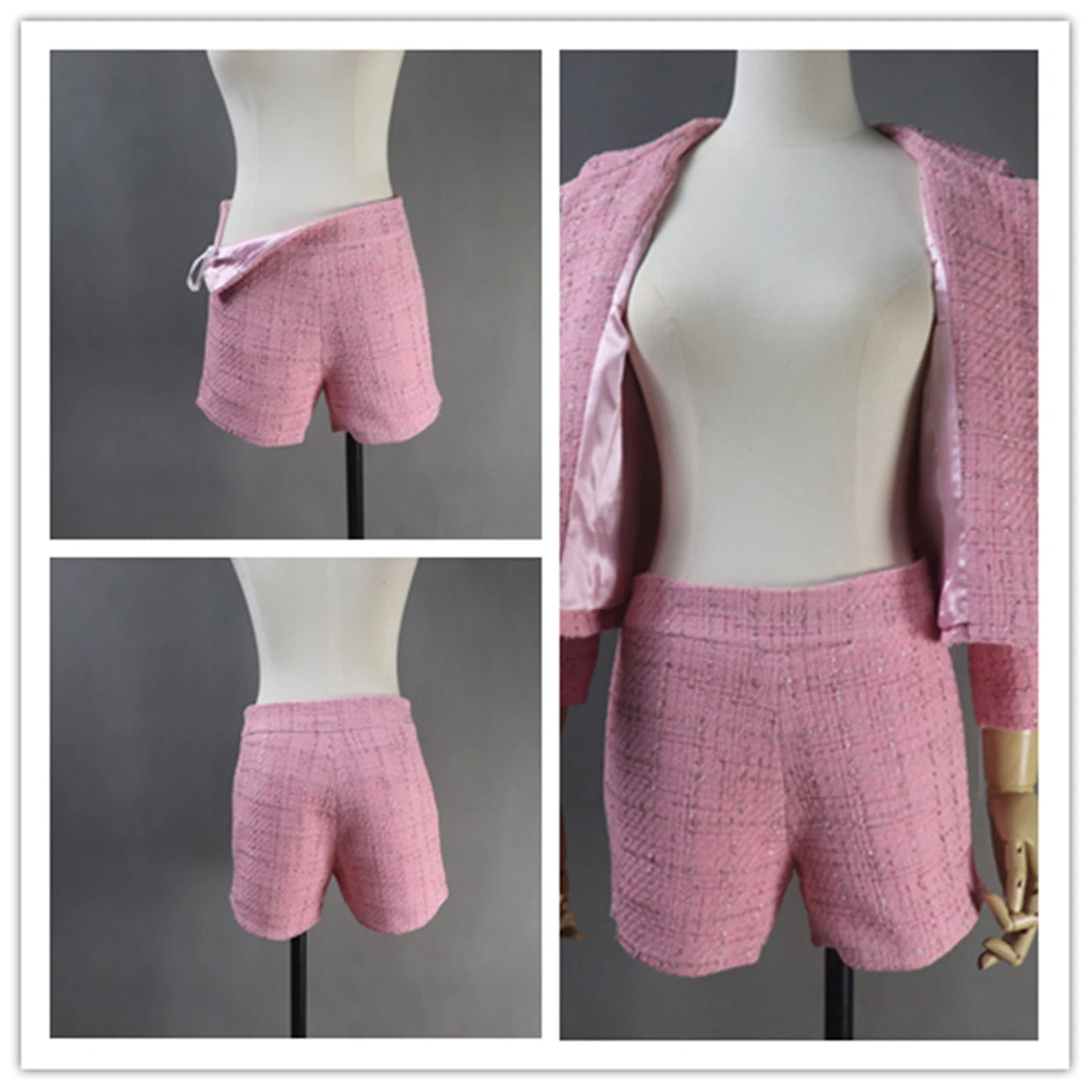 Luxuries Ladies Hand Made Custom Made Chain Decoration Pink Tweed Blazer(10% discount) "More Than 10% Additional Discount when you buy both Jacket +Skirt or Jacket + Shorts" UK CUSTOMER SERVICE! Women Custom Blue Hand Made Custom Made Pearl Ruffle Trim Tweed Blazer + Skirt / Shorts Suit (more than 10% discount) -Make an impression with a timeless tweed suit, whether for a wedding, the Office interview, graduation, Inauguration or a new job.