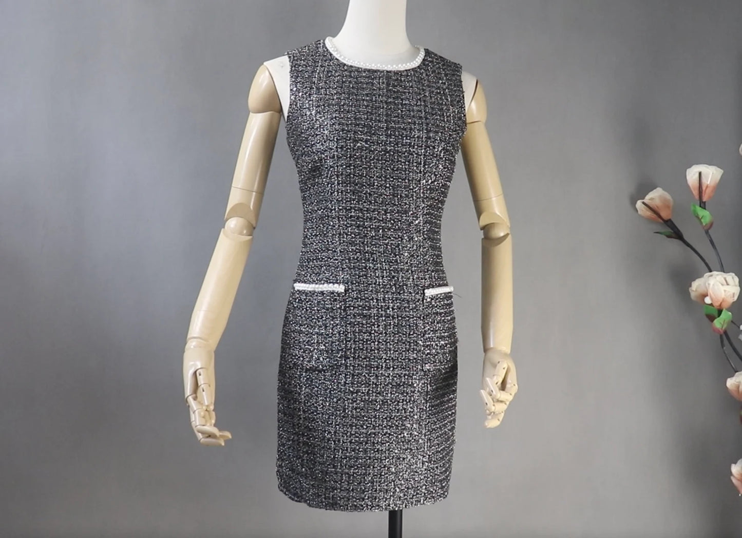 Womens Custom Made Pearls Decoration Sequinned Tweed Dress Black This dazzling FASHION Sequinned tweed little dress will stun everyone with its glamorous notes! This slim-fit black dress is made of a mid-weight tweed with dazzling lame accents, small sequins with white chiffon trims, and is lined with black satin. This dress also has a high neckline with trims, a sleeveless design