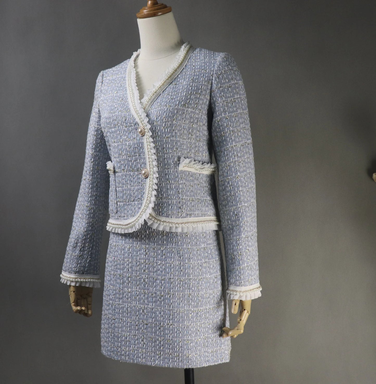 Ladies Blue Hand Made Custom Made Pearl Ruffle Trim Tweed Blazer + Skirt / Shorts Suit (10% discount) "More Than 10% Additional Discount when you buy both Jacket +Skirt or Jacket + Shorts" UK CUSTOMER SERVICE! Women Custom Blue Hand Made Custom Made Pearl Ruffle Trim Tweed Blazer + Skirt / Shorts Suit (more than 10% discount) - It is critical that you know your waist ,hip and bust measurements; please do not guess your size based on other clothes you wear.