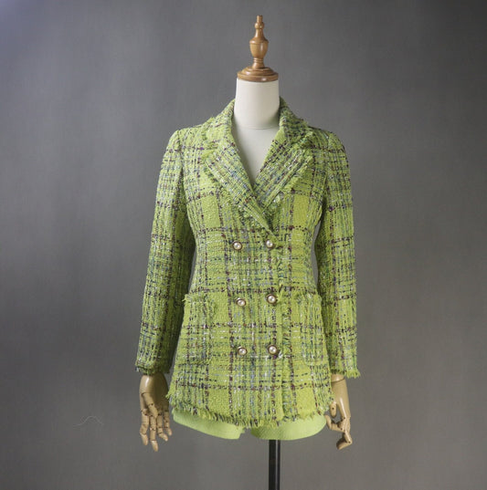 Green Women's Tailor-Made Checked Double Breasted Tassel Fringe Tweed Blazer Coat+Skirt/Shorts Suit  Find your ideal fit with women's clothes that has been hand-picked to fit your specific style and size. "More Than 10% Additional Discount when you buy both  Jacket  +Skirt or Jacket + Shorts The colour green is ideal for the Spring/Summer season. Make sure your traditional business jacket never goes out of style. It can also be worn with jeans for a casual outing or an evening jacket.