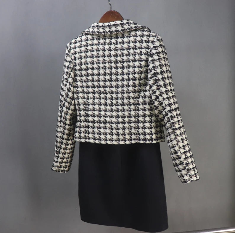 Tailor Made Women Suit Houndstooth Short Tweed Blazer Coat+ Dress