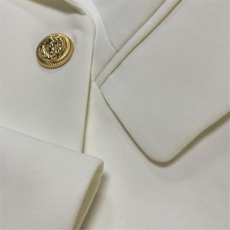 Women's White Fitted Blazer Golden Lion Buttons Coat 2 Colours UK CUSTOMER SERVICE! Women's White Fitted Blazer Golden Lion Buttons Coat 2 Colours -This ladies blazer has a beautiful double breasted silhouette. The White Blazer fitted jacket has a golden button frontage with single button closure. 96% Polyester .Fastening: Button. Slim Fit. Long Sleeve.