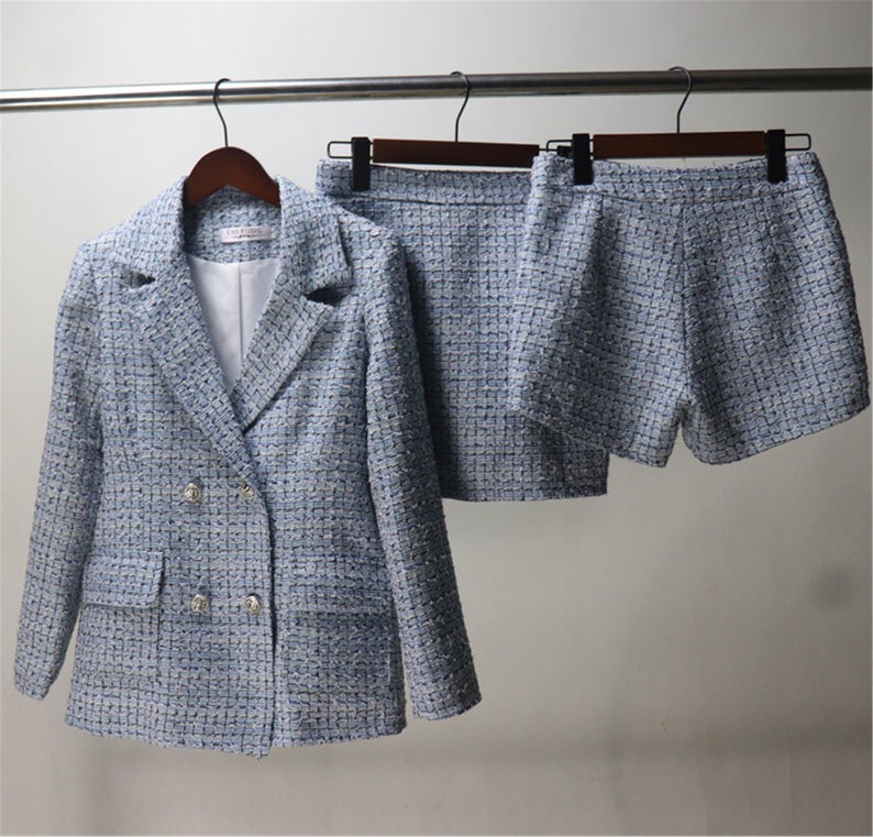 Custom Made Check Pattern Blue Tweed Blazer + Skirt/Shorts Suit