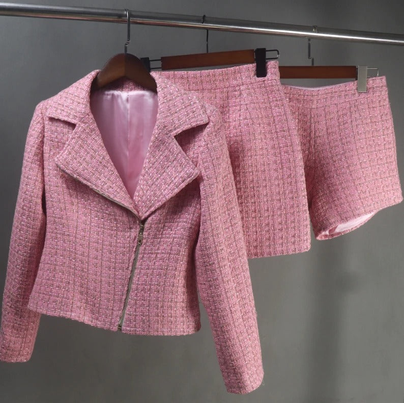 Women's Custom Made Biker Style Tweed Jacket - Bespoke Tailor Made Tweed Pearls Sparkle Blazer + Skirt for Women - Made from the finest quality tweed, this custom tweed jacket boasts a classic cut, generous detailing, and impeccable attention to detail, making it a must-have in every wardrobe. Pearl designed, front pocket ,long sleeves, also our tailor is ready to make perfect design as per customer requirement. Suit is fully lined.