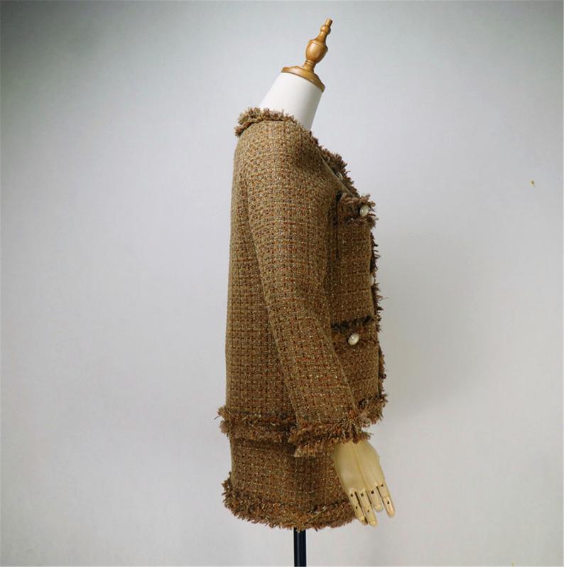 Tailor or Custom Made Hand Made Loose Fit Brown Tweed Blazer + Skirt Suit 6 Colours for Women UK CUSTOMER SERVICE! All items are made to order. Please advise your height, weight and body measurements ( Bust, shoulder, Sleeves, Waist and Length etc). Our tailors will make the exact measurement for you!.Light weight and comfort to wear party, outside, official use and ceremony. Materials: Wool blend
