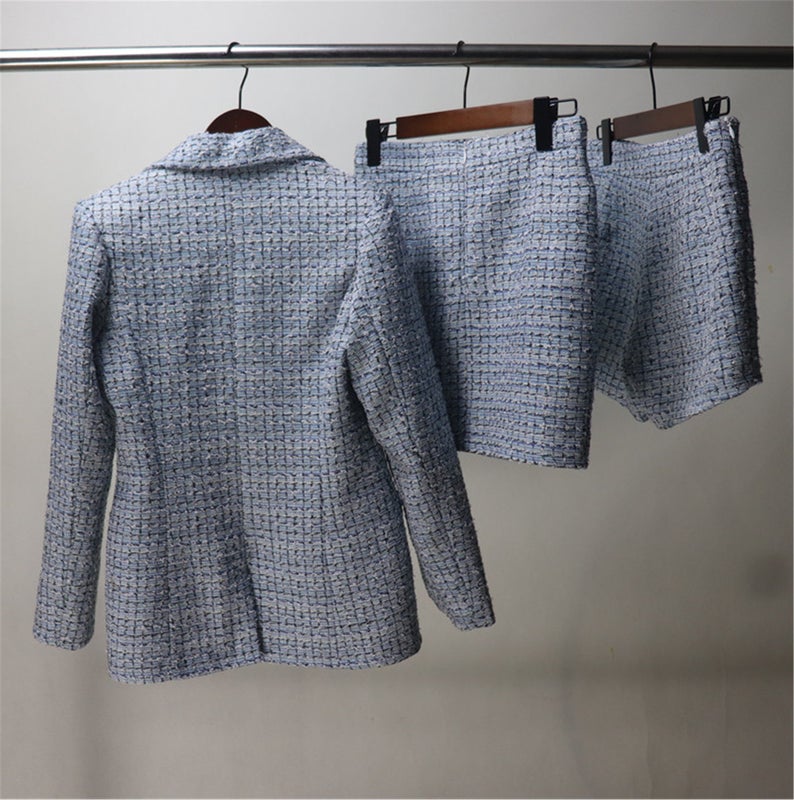 Women's Designer Inspired Custom Made Check Pattern Blue Tweed Blazer + Skirt/Shorts Suit - Fashion Pioneer