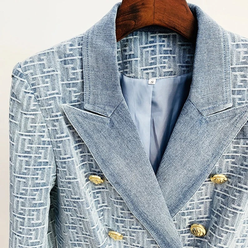 Fashion Pioneer - Blue Maze Pattern Fitted Blazer Jacket For Women , Soft, light and stretchy. This jacket comes with a full lining, soft and comfortable to Wear. Material: Polyester ,Slim fit and long Sleeves with buttons and two pockets. Great for casual, formal, business wear and other special events. Whether for a casual or a professional look, this suit blazer definitely makes you stunning.