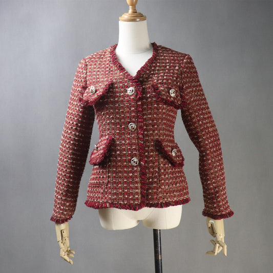 Women's HandMade Dark Red Tweed Jacket Coat Blazer UK CUSTOMER SERVICE! Women's HandMade Dark Red Tweed Jacket Coat Blazer -We offer Shorts, Skirts, Trousers for the suit. Long Sleeves with pockets, Dry Cleaning. Tailored Fit With Red tweed Detailing, Perfect For Any Smart Casual Or Formal Occasion.