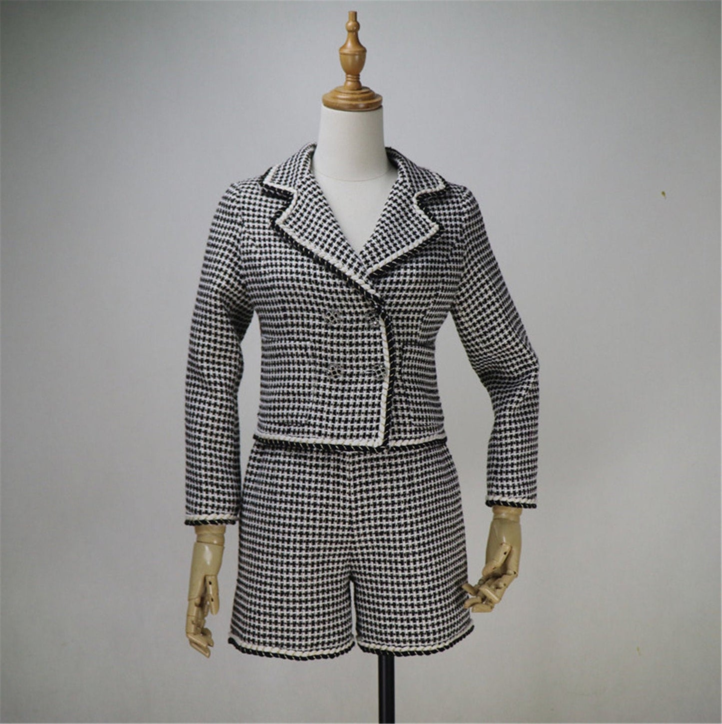 Custom Made Checked Pattern Tweed Crop Blazer + Shorts/Skirt Suit