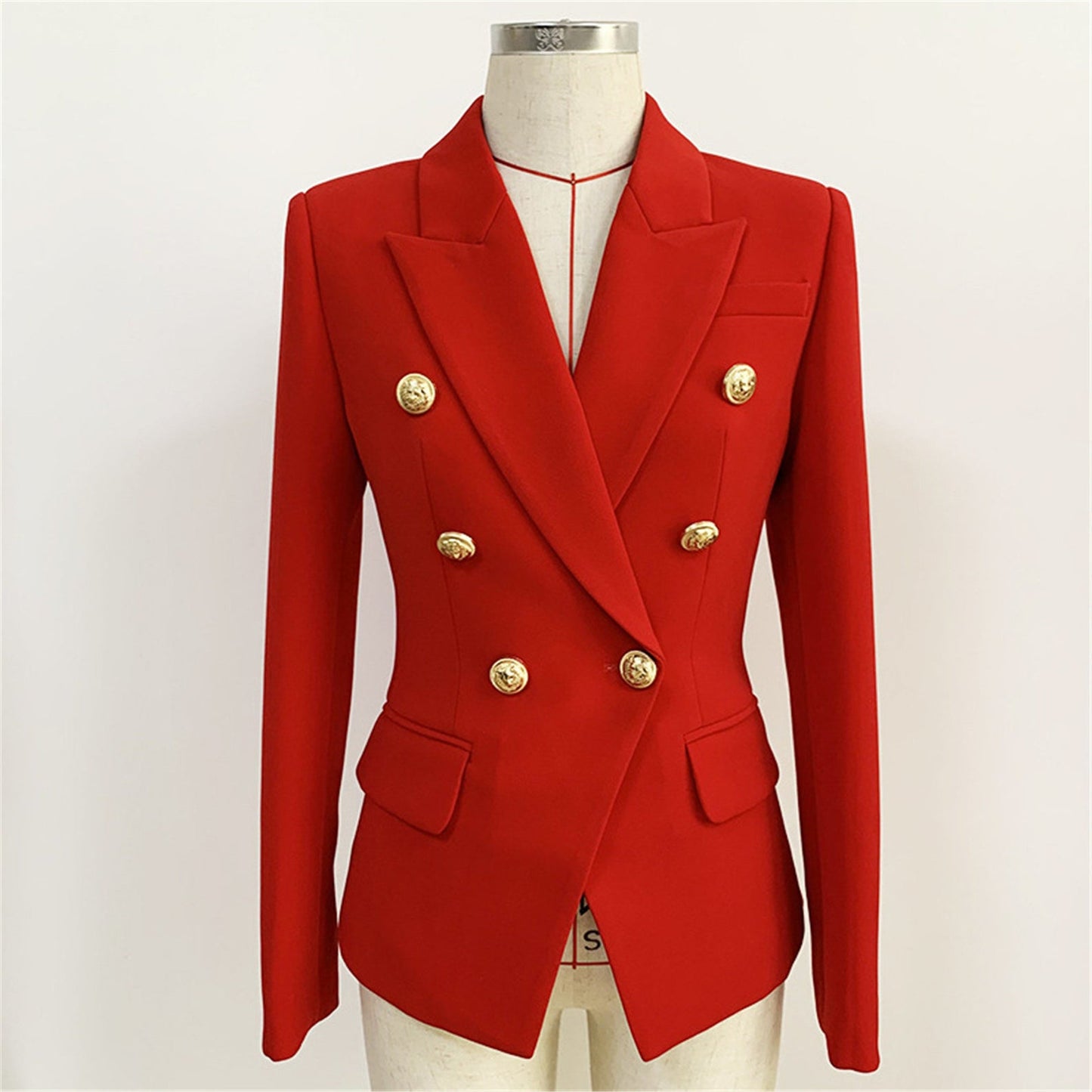 Women's Luxury Fitted Blazer Golden Lion Buttons Coat red UK CUSTOMER SERVICE! Women's Luxury Fitted Blazer Golden Lion Buttons Coat red - Suit for spring, summer, fall and winter. Classic and Unique design will make you look more charming when you dress it in any professional occasion. The Blazer fitted jacket has a golden button frontage with single button closure. Polyester ,Fastening: Button. Slim Fit. Long Sleeve.
