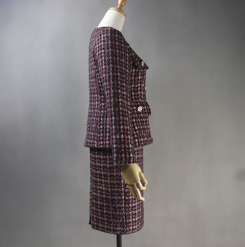 Tailored Women's Dark Red Checked Jacket Coat with Skirt UK CUSTOMER SERVICE! Tailored Women's Dark Red Checked Jacket Coat with Skirt- Red checked suits with pant and jeans. Designed with front pocket and silver buttons. Tweed fabric. Dry clean and no machine wash. Can worn for ceremony, college Inauguration , Party, Night Out and Evening Friends with Dinner. No Machine washable. We offer Shorts, Skirts, Trousers for the suit. "Black Sheath dress and Jacket was sold separately".