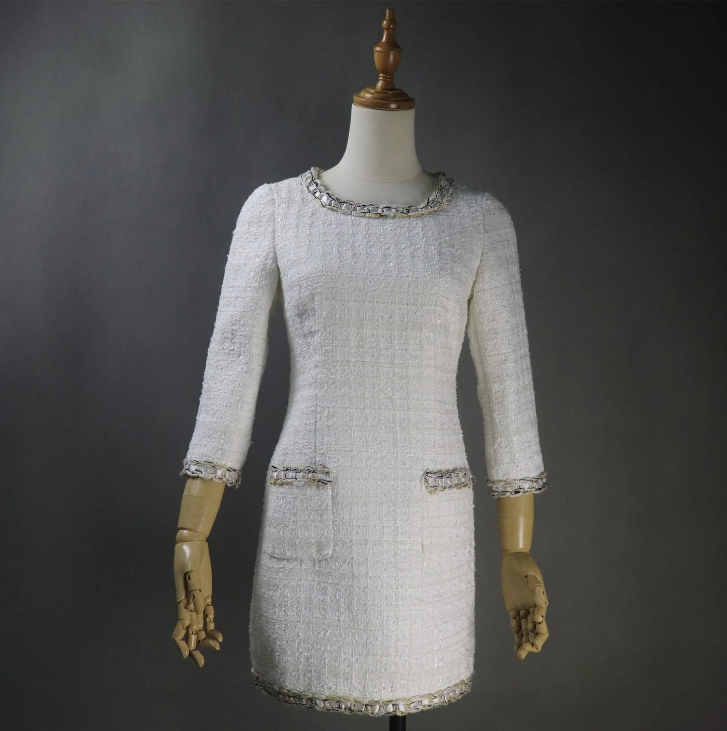 This white tweed dress is perfect for any formal occasions such as wedding, graduation, interviews, business meetings, Daily office wear. Dry Cleaning. The midi length and round-neck gives this pencil fashionable dress a classic and timeless shape, making the baggy trendy pretty dressing gown versatile for various special occasions.