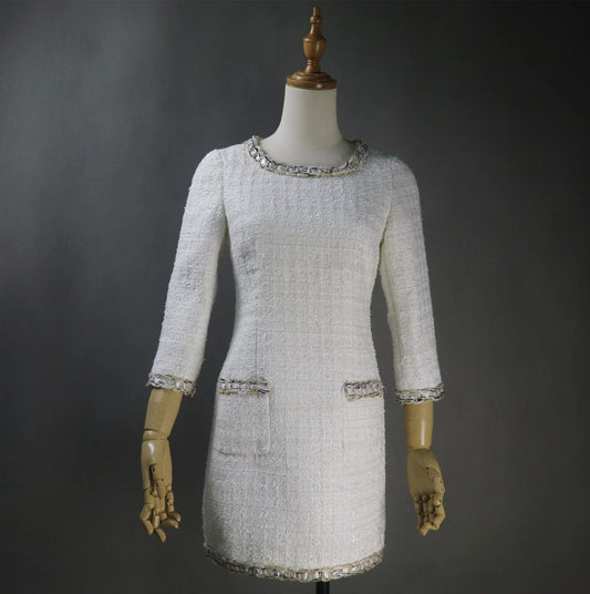 This white tweed dress is perfect for any formal occasions such as wedding, graduation, interviews, business meetings, Daily office wear.  Dry Cleaning. The midi length and round-neck gives this pencil fashionable dress a classic and timeless shape, making the baggy trendy pretty dressing gown versatile for various special occasions.