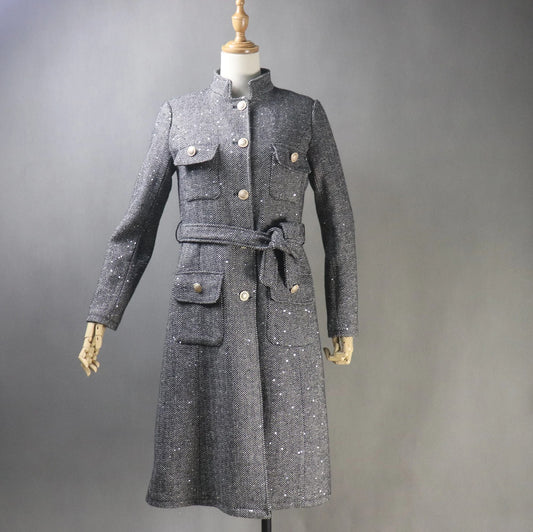 Women's Winter Tailor MADE Sequinned Tweed Belted Long Warm Trench Coat Grey UK CUSTOMER SERVICE! Women's Winter Tailor MADE Sequinned Tweed Belted Long Warm Trench Coat Grey- Grey warm coat can wear for Winter season and Autumn season. Feel comfort and elegant. Sequinned Style Long Sleeves Long belt Front pocket Pearl Button Collar type Neck