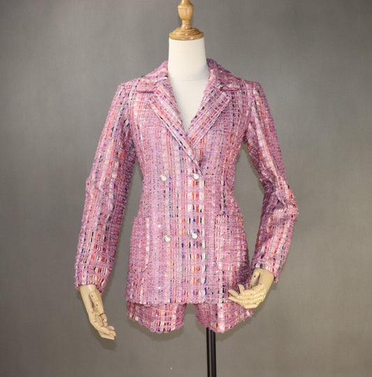 Women's Sequined Hand Made Multi-Color Custom Made Tweed Shorts/Skirt Suit Pink - Fashion Pioneer