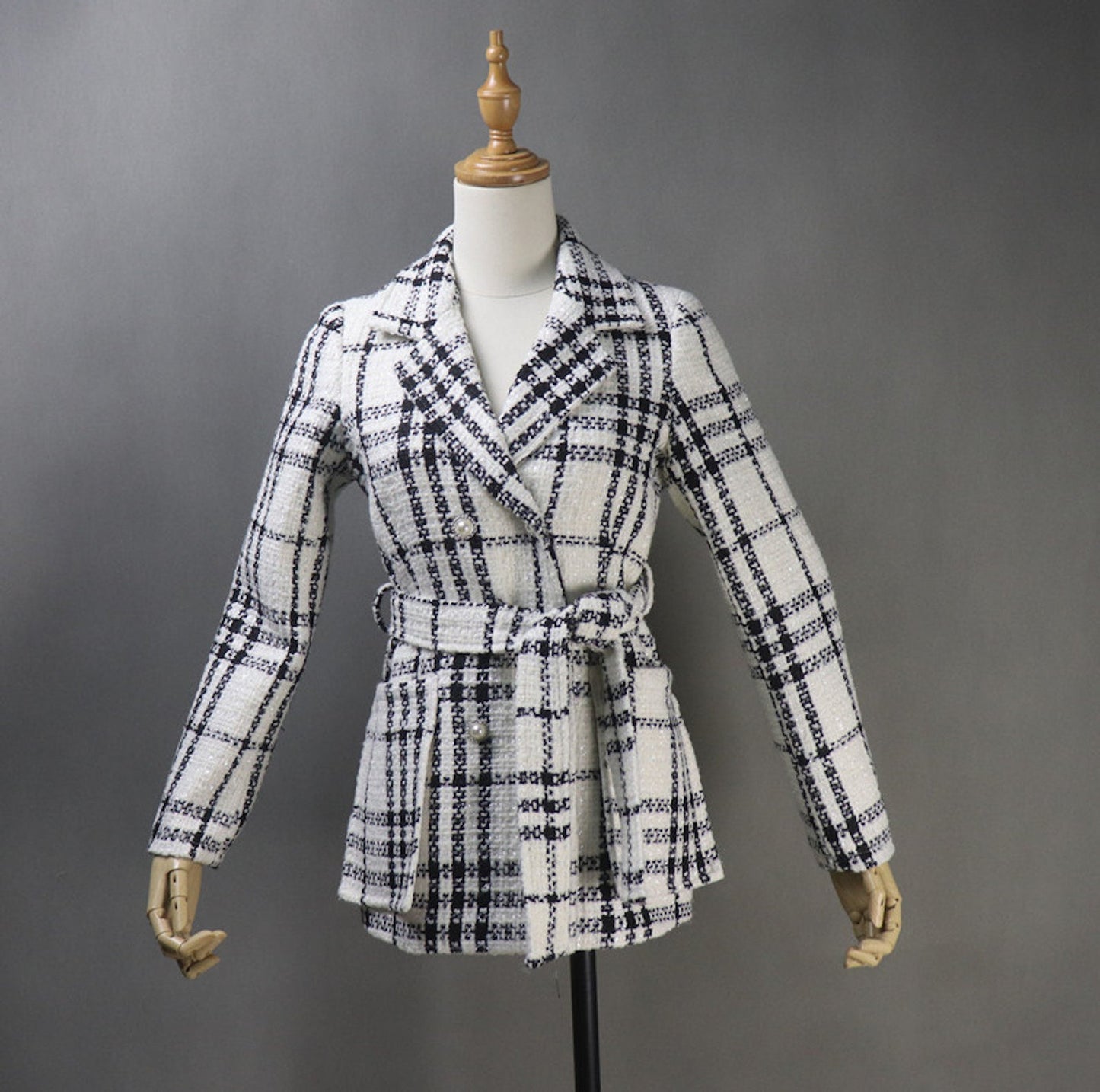 Tweed Checked Double Breasted Coat White *Customized Size* UK CUSTOMER SERVICE! Tweed Checked Double Breasted Coat White - This is front pocket with pearl button and front tie belt, Long Sleeves, sliver lined with black and white checked tweed fabric. Can worn winter time , outside and autumn season.