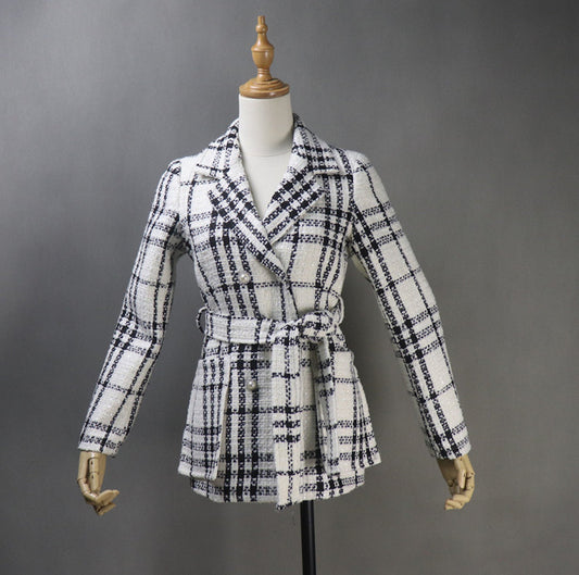 Tweed Checked Double Breasted Coat White   *Customized Size*   UK CUSTOMER SERVICE! Tweed Checked Double Breasted Coat White - This is front pocket with pearl button and front tie belt, Long Sleeves, sliver lined with black and white checked tweed fabric. Can worn winter time , outside and autumn season.