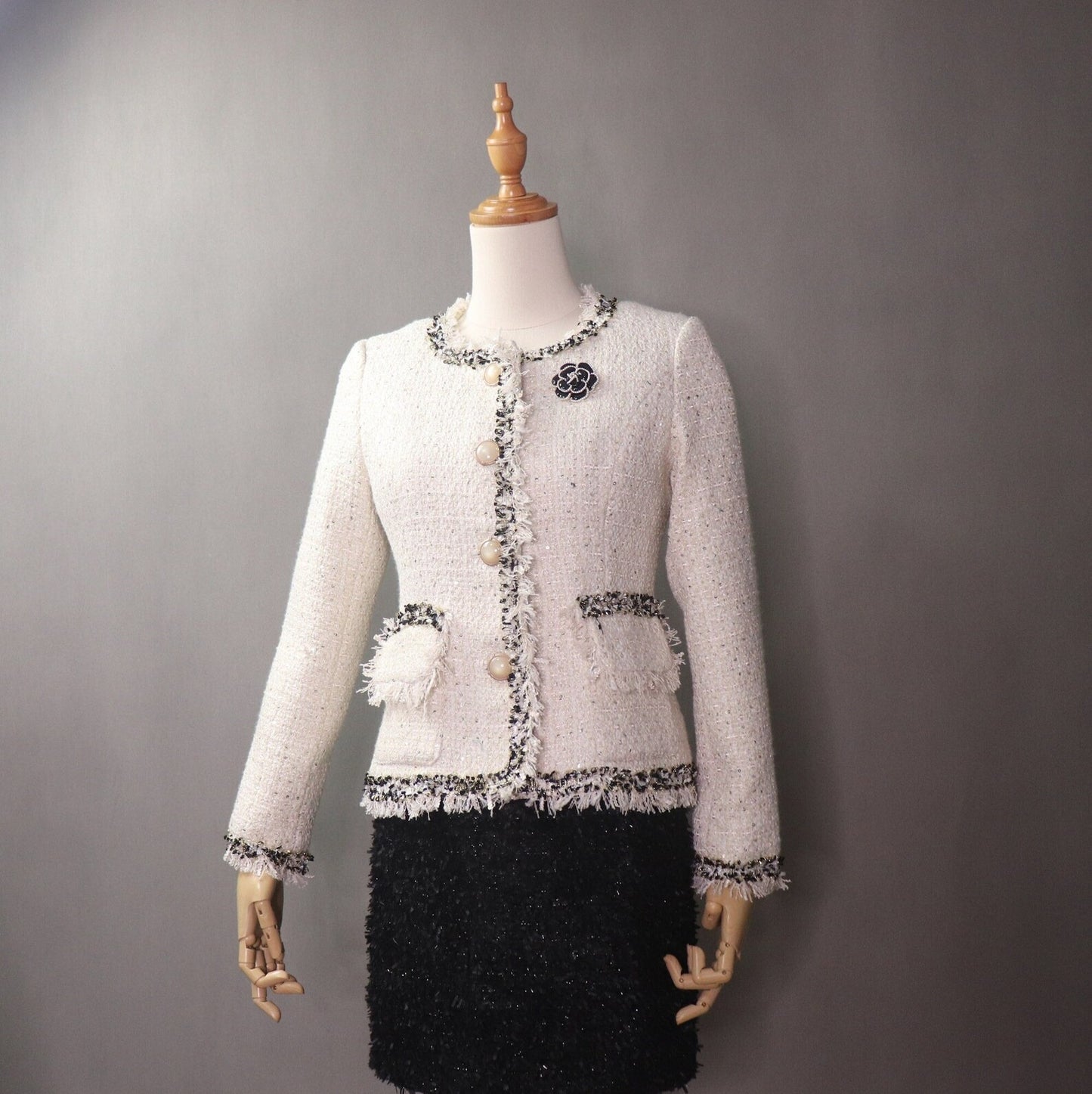 Pearl Buttons Fringe Cream Tweed Jacket Coat Blazer For Women's UK CUSTOMER SERVICE! Coat And Sheath dress sold separately. Pearl Buttons Fringe Cream Tweed Jacket Coat Blazer - We offer Shorts, Skirts, Trousers for the suit. The coat is suits to any dress like sheath dress. Pearl buttons with tassel design. Our tailor will make as per customer requirement like with pocket, sleeveless, without pocket etc.