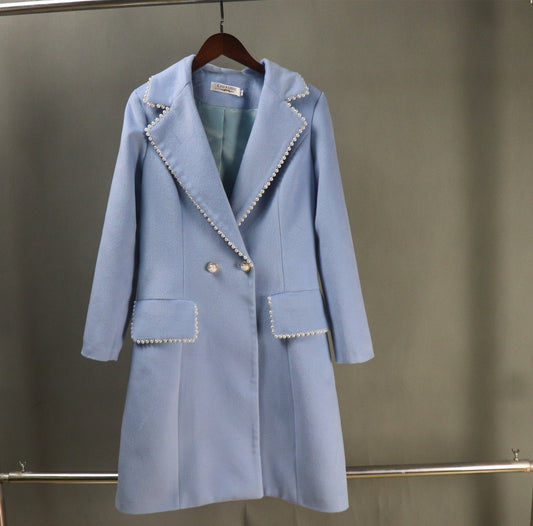 Women's Winter Tailor MADE Blue Pearl Decorated Long Warm Coat - Fashion Pioneer