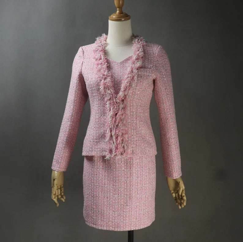 Women Custom Made Tweed Pink Colour Tassel Fringe Dress (more than 10% discount) - We are happy to make as per customer size like Oversized, Plus Size, Extra Size, Perfect body measure ,Small size ,Large size. Our tailor will make perfect Tweed fabric for you. This is all season dress, can wear for outside, weddings , ceremony, Events and functions.