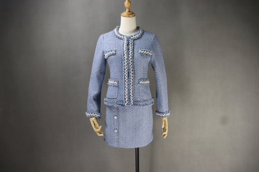 Tweed Pearls Sparkle Thread Blazer + Skirt Suit  UK CUSTOMER SERVICE! Tweed Pearls Sparkle Thread Blazer + Skirt Suit - Fashion elements combine classic design. Great for teens or some young ladies dressing the classic, retro, casual and stylish look. Dress designed with pearl buttons , round neck and little tassel. This can be worn all suitable occasion. We have multi-coloured suits white top and black bottom, blue ,pink, black.