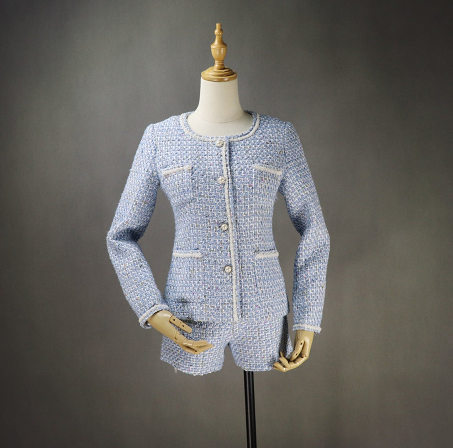 Women's Designer Inspired Pearl Button Sequined Custom Made Tweed Shorts/Skirt Suit