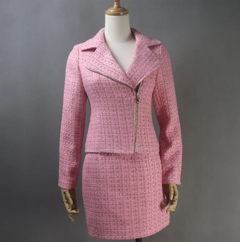 Women's Custom Made Biker Style Tweed Jacket - Bespoke Tailor Made Tweed Pearls Sparkle Blazer + Skirt for Women - Made from the finest quality tweed, this custom tweed jacket boasts a classic cut, generous detailing, and impeccable attention to detail, making it a must-have in every wardrobe. Pearl designed, front pocket ,long sleeves, also our tailor is ready to make perfect design as per customer requirement. Suit is fully lined.