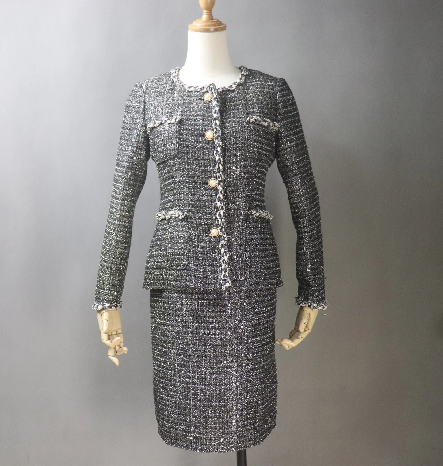 Women Custom Made Tweed Dark Grey Jacket + Dress/Shorts/ Pencil Skirt Suit - Fashion Pioneer