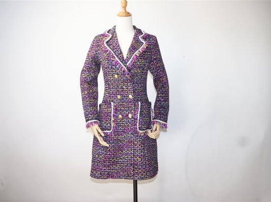 Women Tweed Wool Blend Sequined Purple Multi-color Coat Outwear - Fashion Pioneer