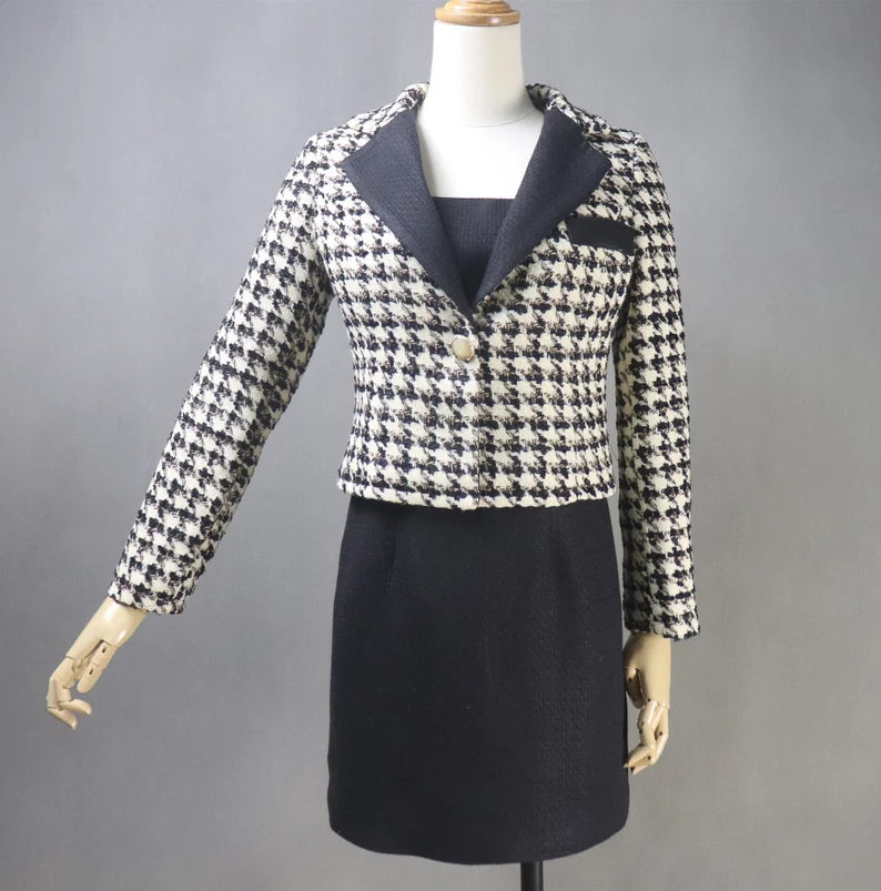 Tailor Made Women Suit Houndstooth Short Tweed Blazer Coat+ Dress