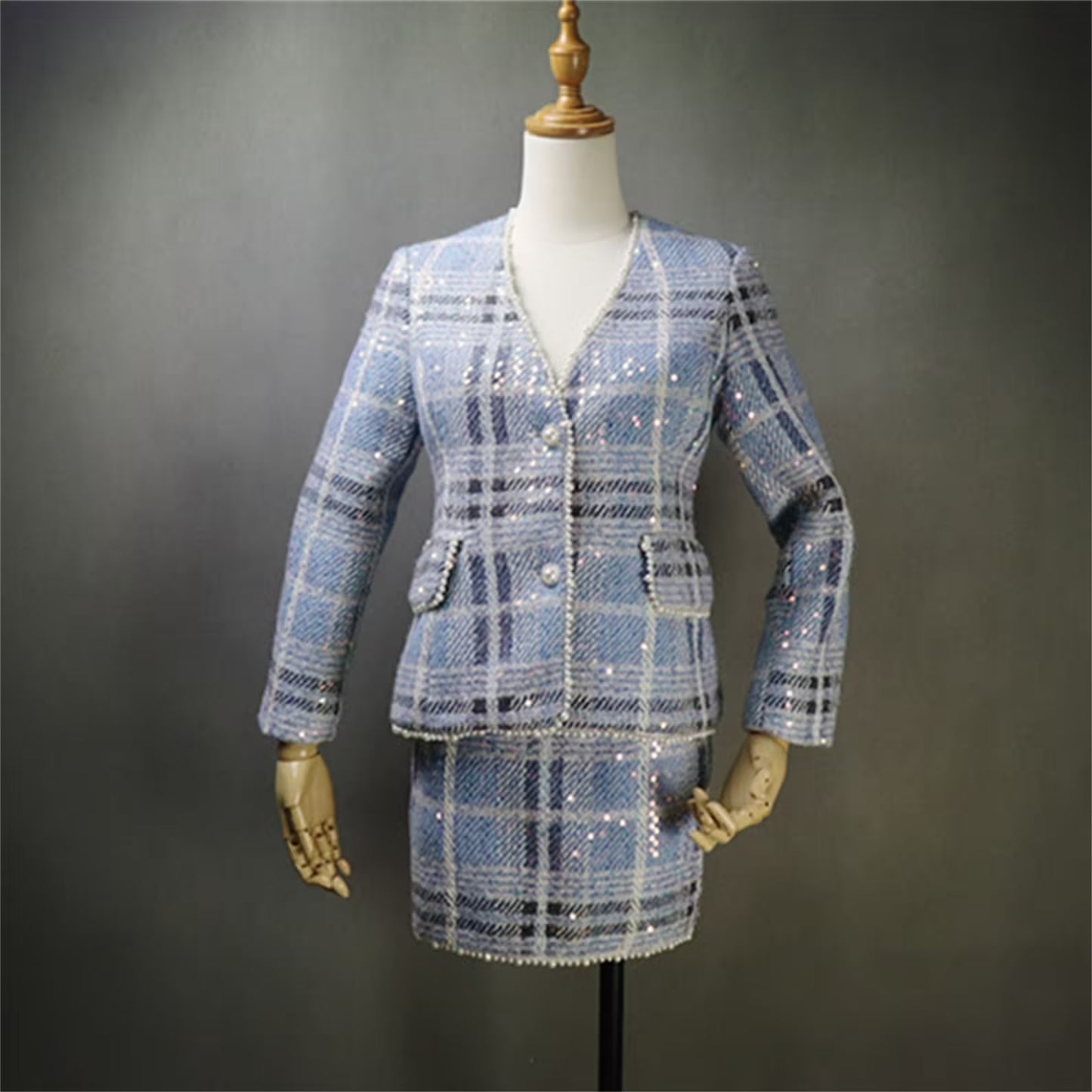 Women's Sequined Blue Check Tweed Suits And Coat UK CUSTOMER SERVICE! Women's Sequined Blue Check Tweed Suits And Coat - Sequined Suits and Coat have unique style. We offer Shorts, Skirts, Trousers for the suit. Our tailor will make as per customer requirement like with pocket, sleeveless, without pocket etc. All items are made to order with very experienced tailors. Please advise your height, weight and body measurements