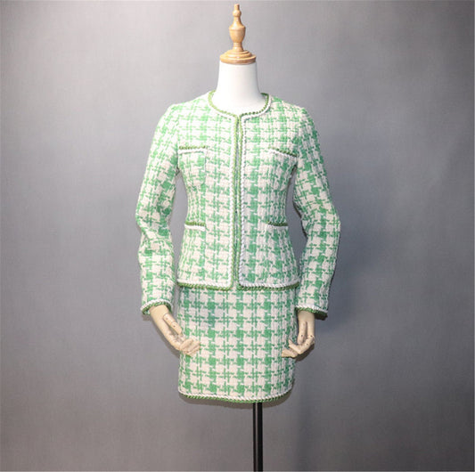 CUSTOM MADE Hounds tooth Tweed Jacket Coat Blazer + Skirt/ Shorts Suit Green
