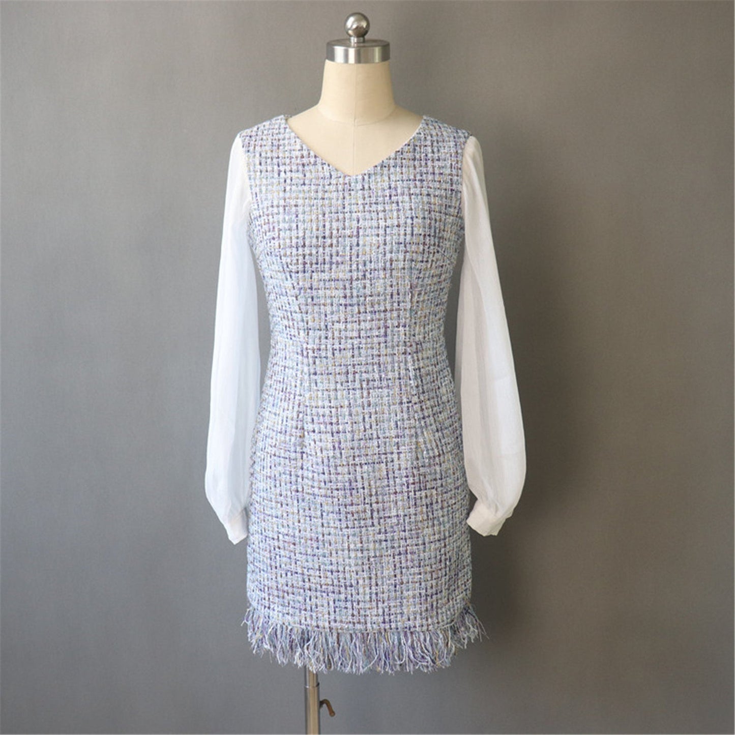 Womens Designer Inspired Custom Made Long Sleeves Tweed Dress Blue