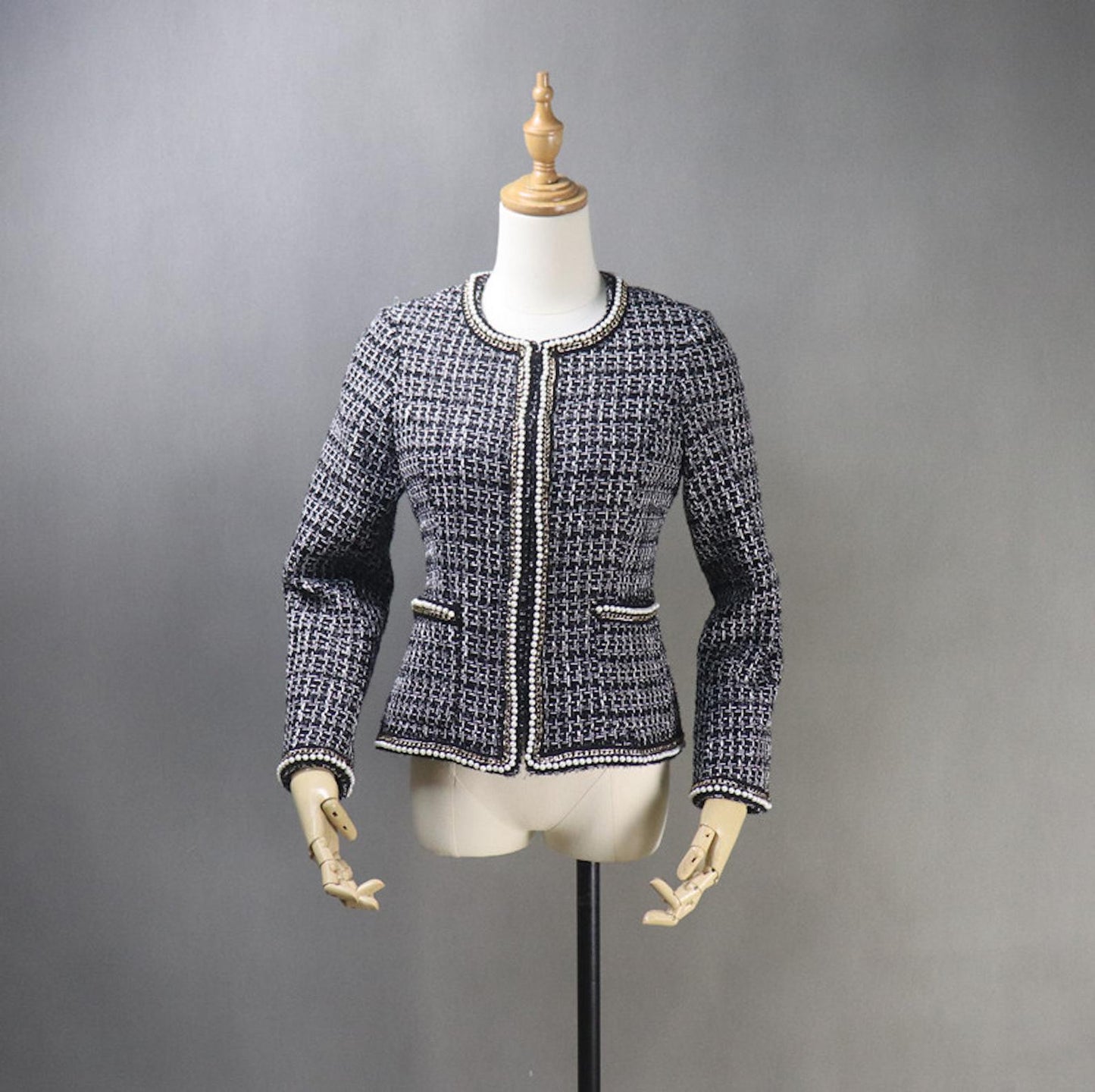 Tailor Made Black Pearls and Chain Checked Blazer Coat+ Skirt/ Shorts Suit for Women's UK CUSTOMER SERVICE! Tailor Made Black Pearls and Chain Checked Blazer Coat+ Skirt/ Shorts Suit for Women's ,can worn for ceremony, interview, official use and college inauguration. All items are made to order. Please advise your height, weight and body measurements ( Bust, shoulder, Sleeves, Waist and Length etc). Our tailors will make the order for you! Handmade Materials: Tweed