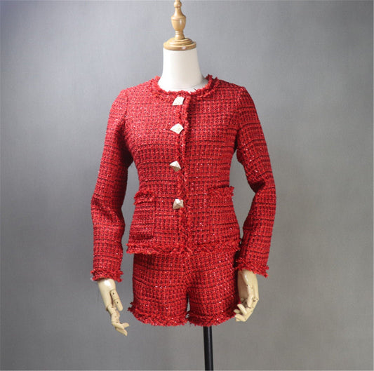 Custom Made Red Sparkle Threads Tweed Blazer Coat for Women UK CUSTOMER SERVICE! Custom Made Red Sparkle Threads Tweed Blazer Coat - Custom Made red sparkle with front pocket, diamond cut buttons, Round neck and long sleeve. Can wear for night out ,party, evening wear for dinner, outside wear. We can offer Skirt, Shorts and Suits for women.
