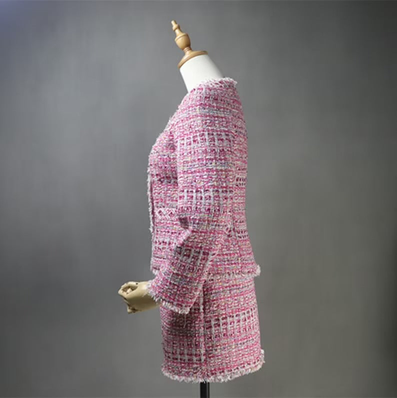 Custom Made Pink Multi-Color Tweed Coat For Womens UK CUSTOMER SERVICE! Custom Made Pink Multi-Color Tweed Coat For Women's - Our tailor will make as per customer requirement like with pocket, sleeveless, without pocket etc. Suit is design with tweed fabric, its unique style and can worn for party, night out, ceremony , inauguration and Functions.
