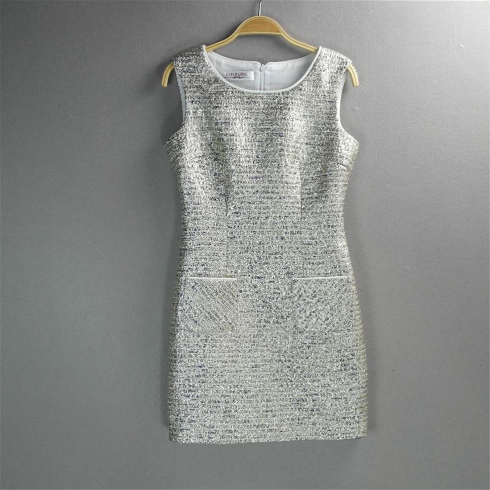 Women Silver Sparkle Round Neck Tweed Sheath Dress Women Silver Sparkle Round Neck Tweed Sheath Dress
