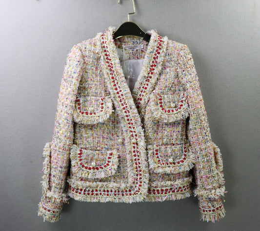 Women's Tassel Pearl Button Tweed Jacket Coat *Customized Size* UK CUSTOMER SERVICE! Women's Tassel Pearl Button Tweed Jacket Coat Blazer - Four front pockets with pearl buttons. Suitable for Winter, outside wear , night wear and autumn season. Casual jacket for women with long sleeves. Jacket fashionable, breathable and comfortable, Can be paired with various bottoms and goes great with skirts, dresses, jeans.