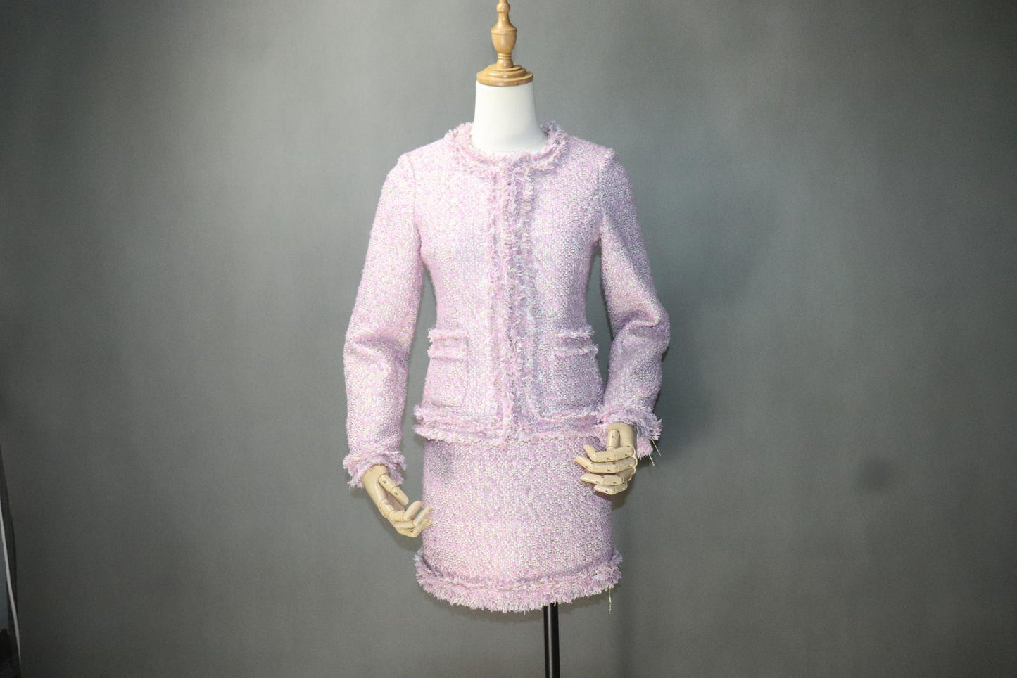 Big Pockets Custom Made Tassel Tweed Skirt Suit Pink