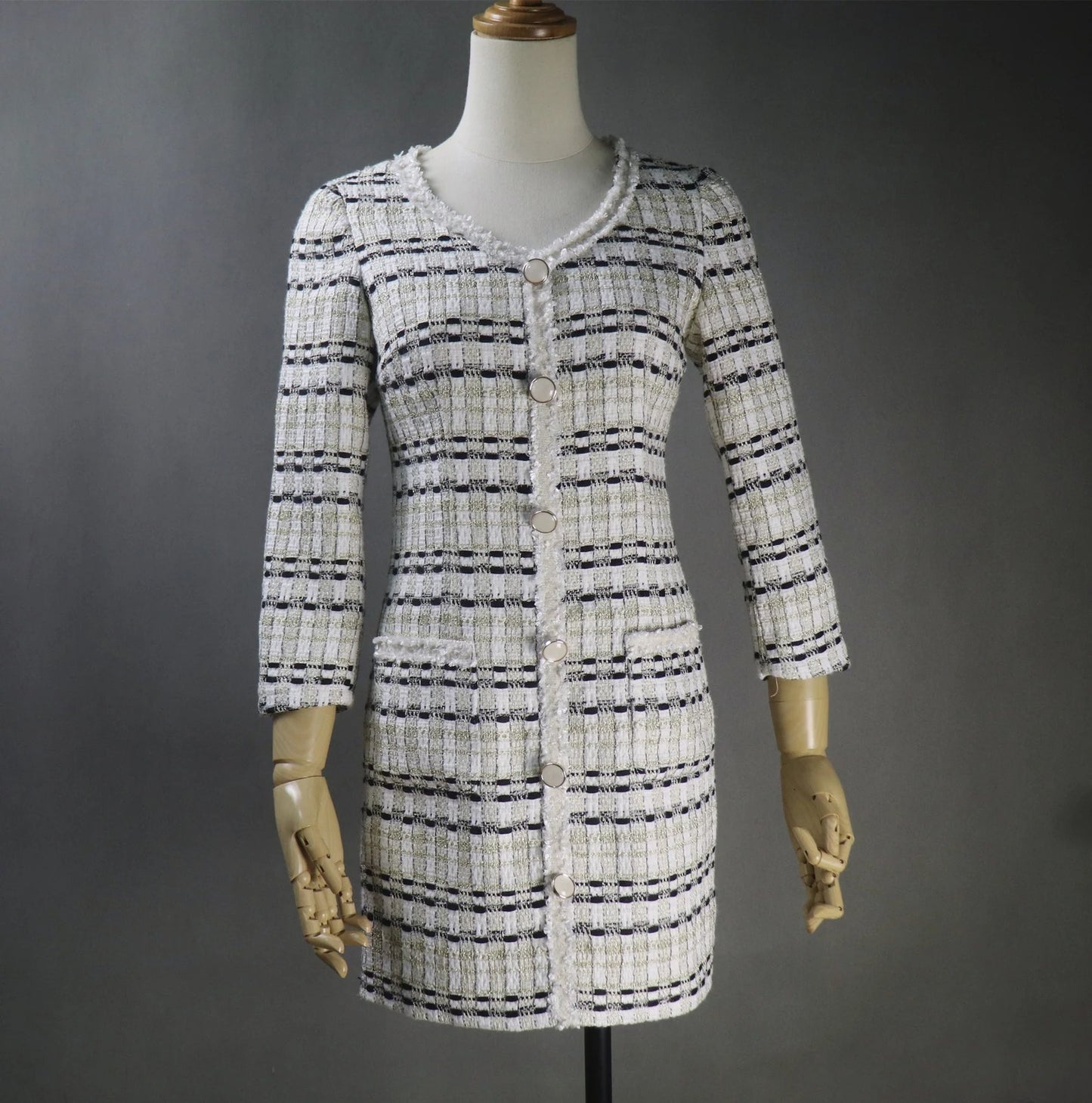 We make one for you with unique style, like no others. Can wear for business ,ceremony ,Events, and functions. You can get extra size, plus size, oversized, perfect measurement according to your shape from our tailors. This white tweed dress is perfect for any formal occasions such as wedding, graduation, interviews, business meetings, Daily office wear. Dry Cleaning. The midi length and round-neck gives this pencil fashionable dress a classic and timeless shape,