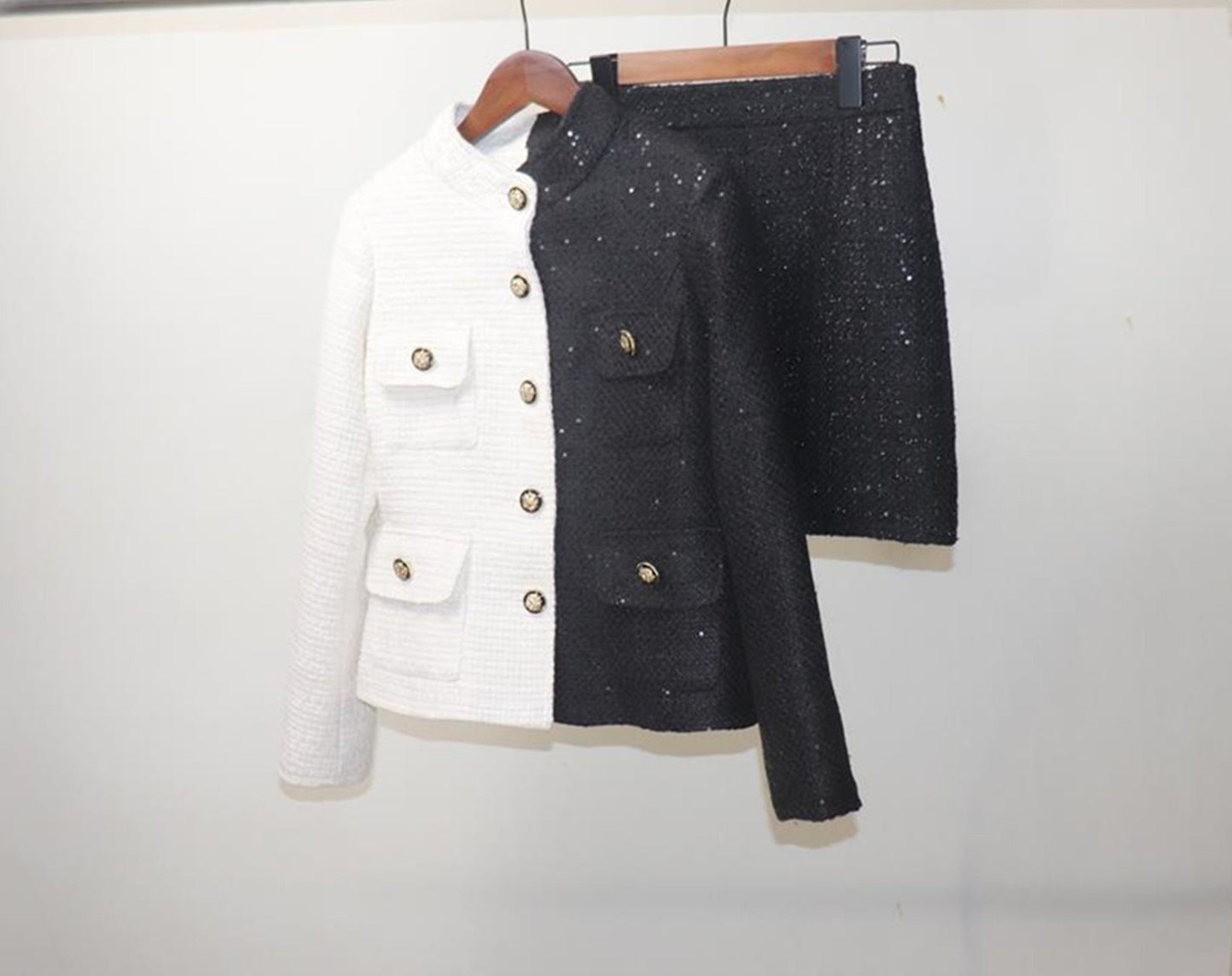 Women's Designer Inspired CUSTOM MADE Hand Made Sequined Tweed High Neck Jacket Coat Blazer + Skirt - Fashion Pioneer