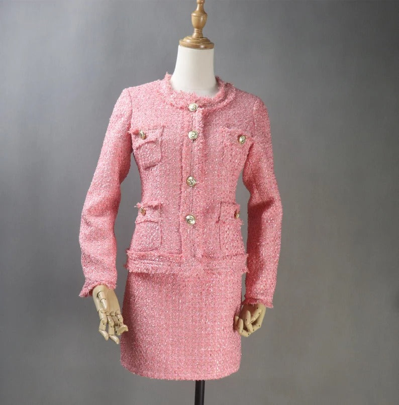 Custom Made Tailor Made Tweed Coral Color Blazer + Skirt for Women - Made from the finest quality tweed, this custom tweed jacket boasts a classic cut, generous detailing, and impeccable attention to detail, making it a must-have in every wardrobe. Pearl designed, front pocket ,long sleeves, also our tailor is ready to make perfect design as per customer requirement.