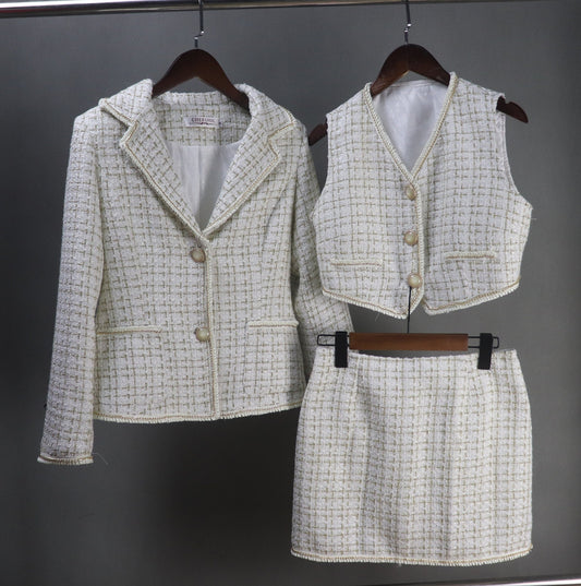 Fashion Pioneer Women's CUSTOM MADE Beige Tweed Jacket Coat Blazer + Crop Vest + Skirts 3 Pieces UK CUSTOMER SERVICE! CUSTOM MADE Blazer + Shorts/Skirts/Trousers Sequinned Jacket Coat for Women, Can worn for ceremony, Inauguration , Party, Night Out and Evening Friends with Dinner. No Machin washable. We offer Shorts, Skirts, Trousers for the suit.