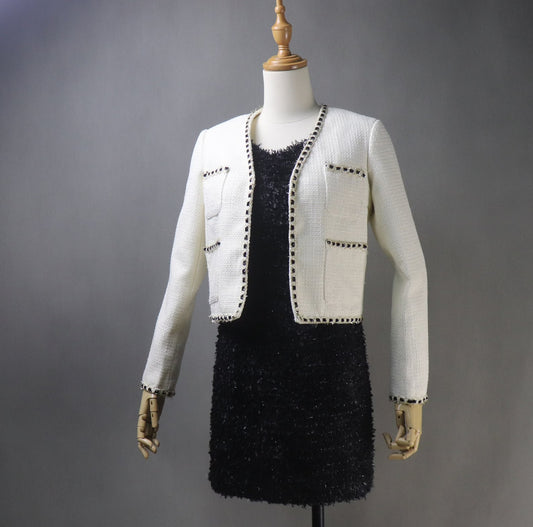 Women's Tailor MADE White Trim Short Suit/Skirt *Custom Made* UK CUSTOMER SERVICE! Women's Tailor MADE White Trim Short Suit/Skirt - V neck design with pockets. Suits and Coat have unique style. Can worn for inauguration, party ,wedding , events and ceremonies. We offer Shorts, Skirts, Trousers for the suit. Our tailor will make as per customer requirement like with pocket, sleeveless, without pocket etc.