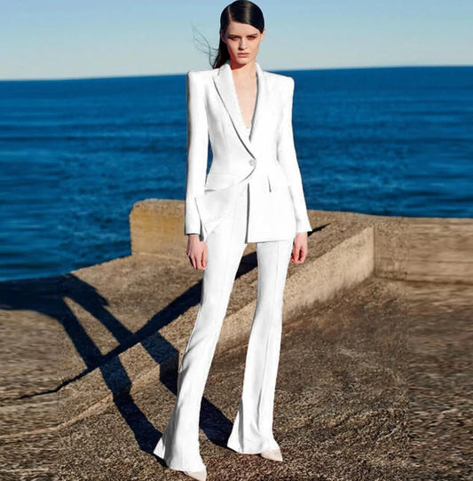 Women Black White One Button Blazer + Flare Trousers Suit - Sturdy, stain-resistant, and importantly more long-lasting, affordable than traditional soft leather. The jacket is easy to care for and with proper maintenance, this fabric will stay looking vivid and new for many years. This white suit is perfect for Wedding, Holidays, Parties and evening dinner. It is simple and classic. This piece will be a good investment for your wardrobe.