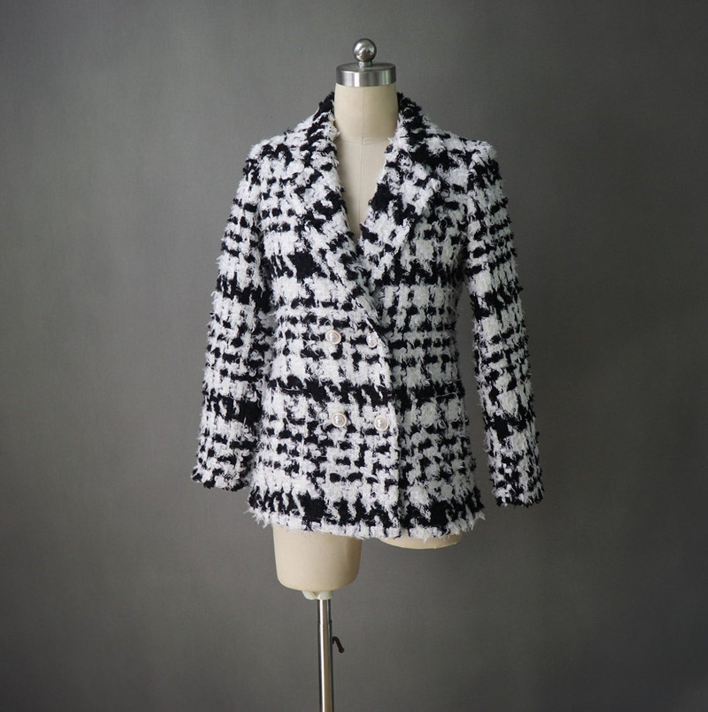 Black and White Checked Tweed Jacket Coat Blazer *Customized Size* UK CUSTOMER SERVICE! Black and White Checked Tweed Jacket Coat Blazer - Custom made blazer with front pocket and pearl buttons. This is suitable for all occasion.